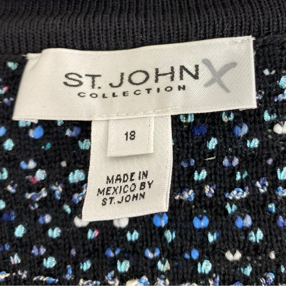 St. John Blue Black White Boucle Knit Open Front Jacket Size 18 - Picture 5 of 6